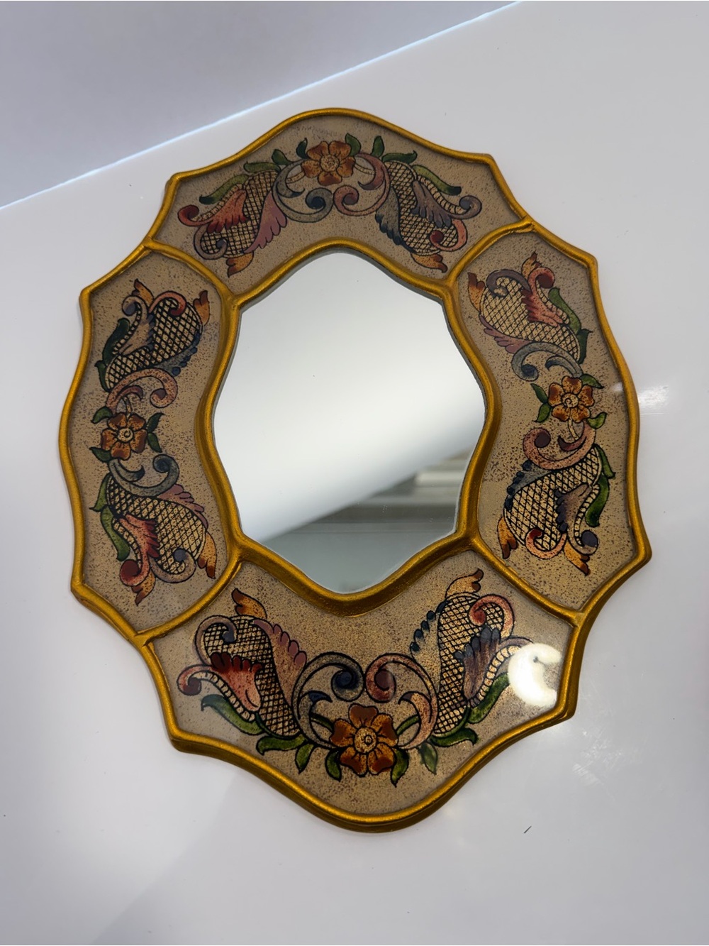 Pristine Vintage Peruvian Reverse-Painted Glass Floral & Gold Mirror